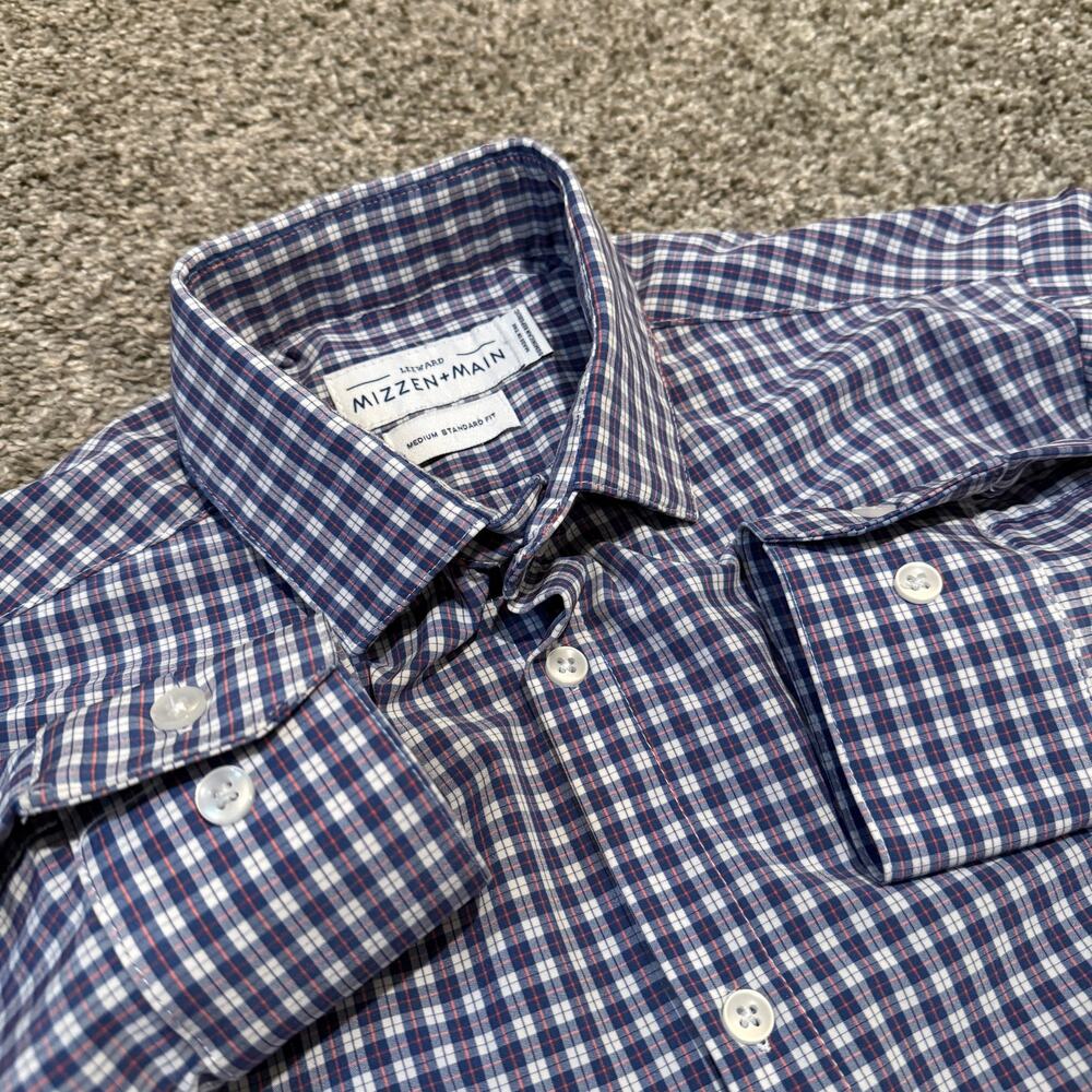 Mizzen+Main Leeward Dress Shirt Mens Medium Standard Fit Navy Red Plaid Stretch